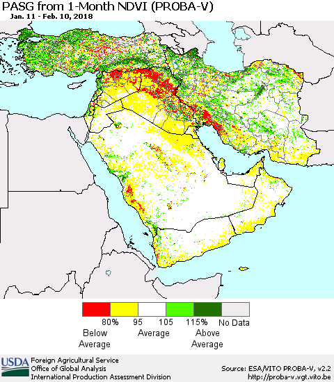 Middle East and Turkey PASG from 1-Month NDVI (PROBA-V) Thematic Map For 2/1/2018 - 2/10/2018