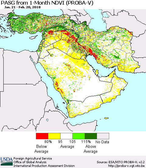 Middle East and Turkey PASG from 1-Month NDVI (PROBA-V) Thematic Map For 2/11/2018 - 2/20/2018