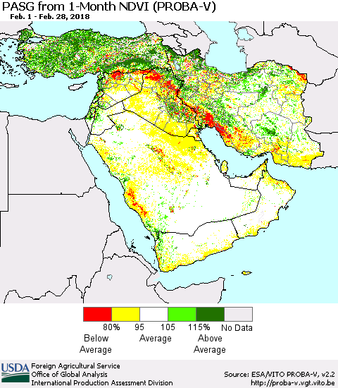 Middle East and Turkey PASG from 1-Month NDVI (PROBA-V) Thematic Map For 2/21/2018 - 2/28/2018