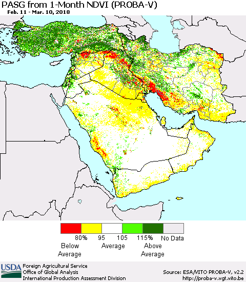 Middle East and Turkey PASG from 1-Month NDVI (PROBA-V) Thematic Map For 3/1/2018 - 3/10/2018