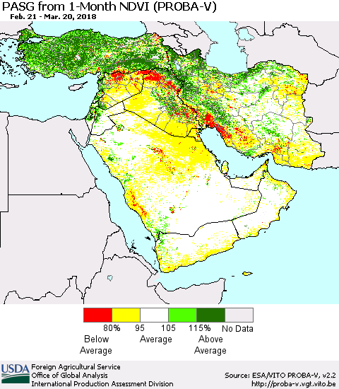 Middle East and Turkey PASG from 1-Month NDVI (PROBA-V) Thematic Map For 3/11/2018 - 3/20/2018