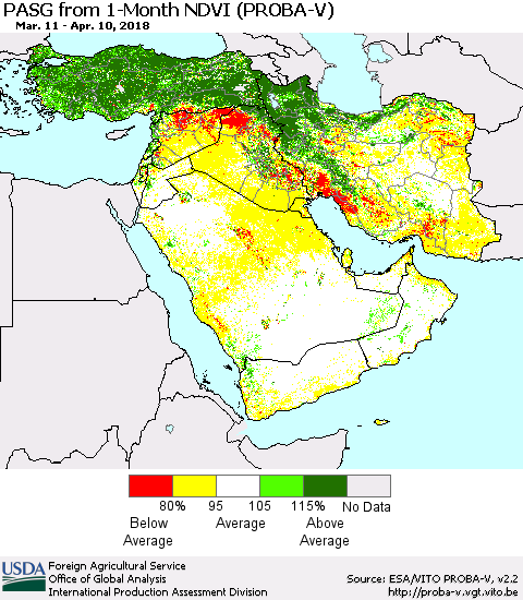 Middle East and Turkey PASG from 1-Month NDVI (PROBA-V) Thematic Map For 4/1/2018 - 4/10/2018