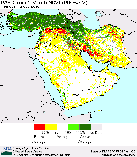 Middle East and Turkey PASG from 1-Month NDVI (PROBA-V) Thematic Map For 4/11/2018 - 4/20/2018