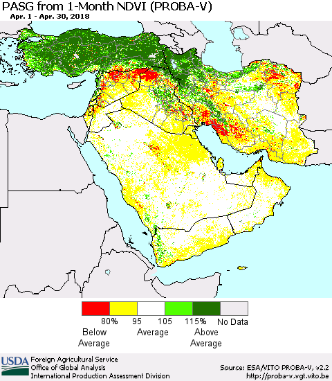 Middle East and Turkey PASG from 1-Month NDVI (PROBA-V) Thematic Map For 4/21/2018 - 4/30/2018