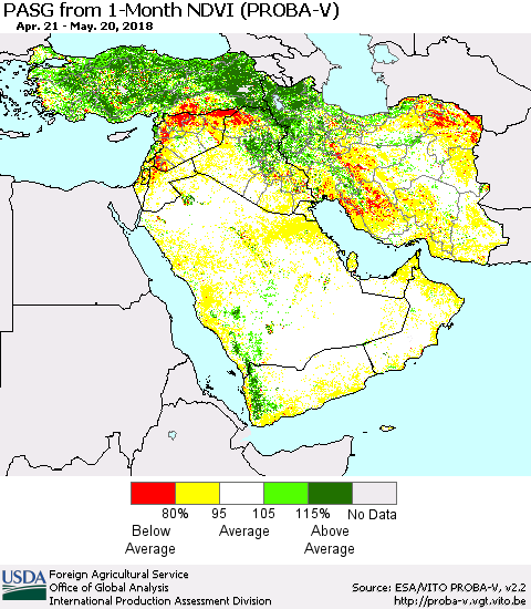 Middle East and Turkey PASG from 1-Month NDVI (PROBA-V) Thematic Map For 5/11/2018 - 5/20/2018