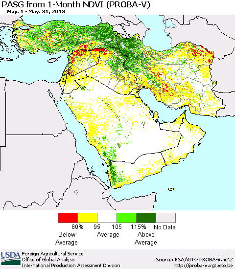 Middle East and Turkey PASG from 1-Month NDVI (PROBA-V) Thematic Map For 5/21/2018 - 5/31/2018