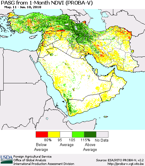 Middle East and Turkey PASG from 1-Month NDVI (PROBA-V) Thematic Map For 6/1/2018 - 6/10/2018