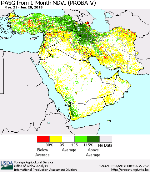 Middle East and Turkey PASG from 1-Month NDVI (PROBA-V) Thematic Map For 6/11/2018 - 6/20/2018