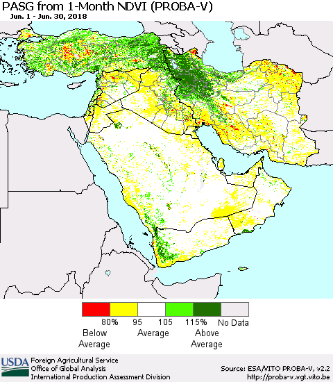 Middle East and Turkey PASG from 1-Month NDVI (PROBA-V) Thematic Map For 6/21/2018 - 6/30/2018