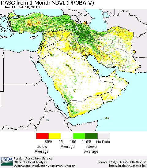Middle East and Turkey PASG from 1-Month NDVI (PROBA-V) Thematic Map For 7/1/2018 - 7/10/2018