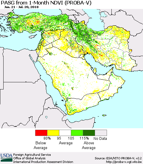 Middle East and Turkey PASG from 1-Month NDVI (PROBA-V) Thematic Map For 7/11/2018 - 7/20/2018
