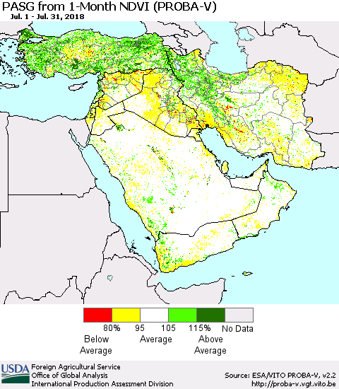 Middle East and Turkey PASG from 1-Month NDVI (PROBA-V) Thematic Map For 7/21/2018 - 7/31/2018