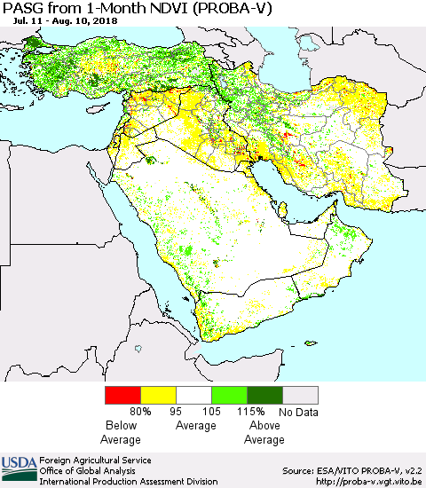 Middle East and Turkey PASG from 1-Month NDVI (PROBA-V) Thematic Map For 8/1/2018 - 8/10/2018