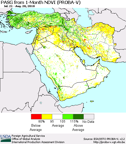 Middle East and Turkey PASG from 1-Month NDVI (PROBA-V) Thematic Map For 8/11/2018 - 8/20/2018