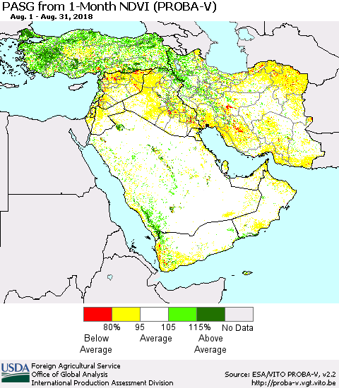 Middle East and Turkey PASG from 1-Month NDVI (PROBA-V) Thematic Map For 8/21/2018 - 8/31/2018