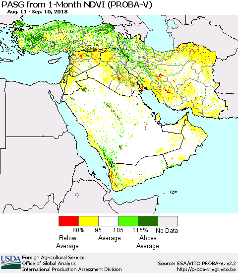 Middle East and Turkey PASG from 1-Month NDVI (PROBA-V) Thematic Map For 9/1/2018 - 9/10/2018