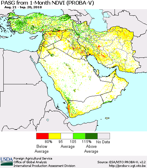 Middle East and Turkey PASG from 1-Month NDVI (PROBA-V) Thematic Map For 9/11/2018 - 9/20/2018