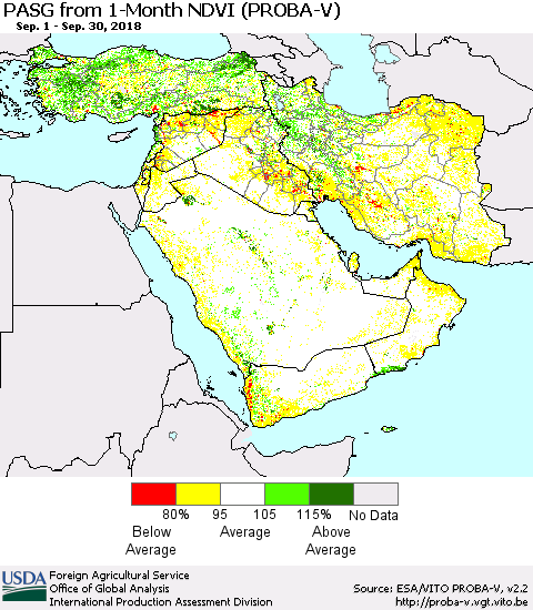 Middle East and Turkey PASG from 1-Month NDVI (PROBA-V) Thematic Map For 9/21/2018 - 9/30/2018