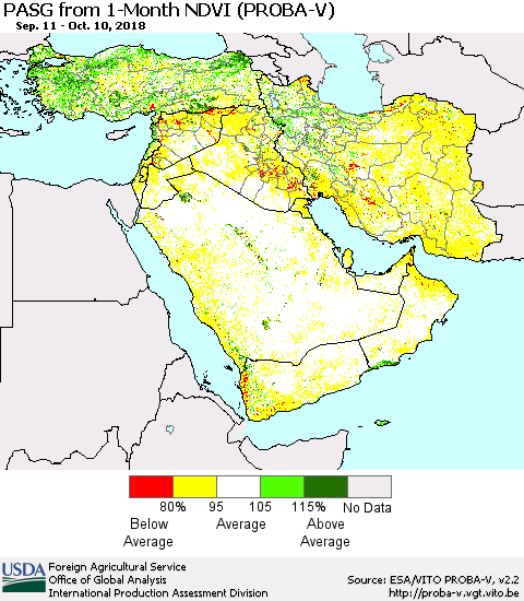 Middle East and Turkey PASG from 1-Month NDVI (PROBA-V) Thematic Map For 10/1/2018 - 10/10/2018