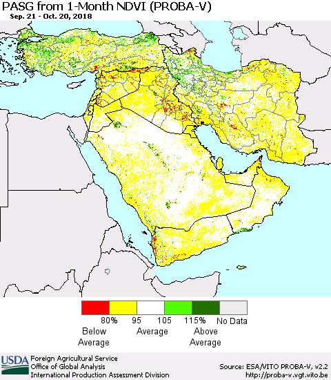 Middle East and Turkey PASG from 1-Month NDVI (PROBA-V) Thematic Map For 10/11/2018 - 10/20/2018
