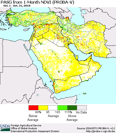 Middle East and Turkey PASG from 1-Month NDVI (PROBA-V) Thematic Map For 10/21/2018 - 10/31/2018