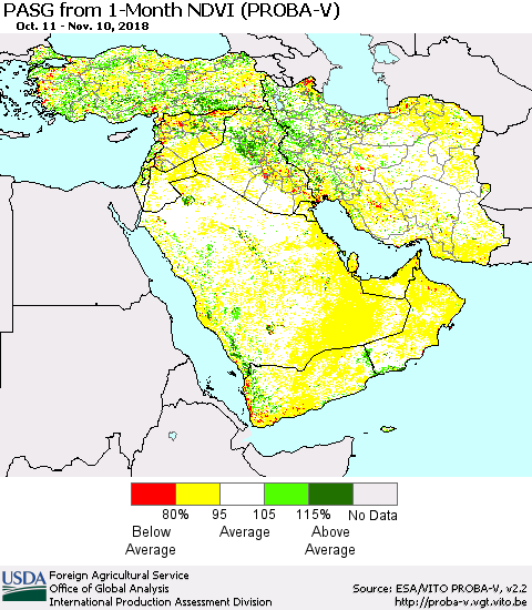 Middle East and Turkey PASG from 1-Month NDVI (PROBA-V) Thematic Map For 11/1/2018 - 11/10/2018