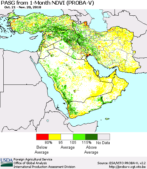 Middle East and Turkey PASG from 1-Month NDVI (PROBA-V) Thematic Map For 11/11/2018 - 11/20/2018
