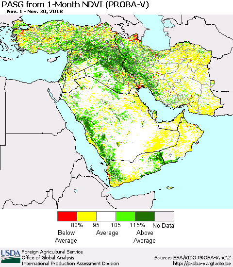 Middle East and Turkey PASG from 1-Month NDVI (PROBA-V) Thematic Map For 11/21/2018 - 11/30/2018
