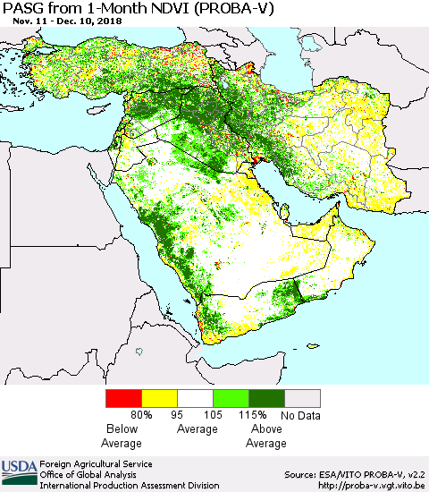 Middle East and Turkey PASG from 1-Month NDVI (PROBA-V) Thematic Map For 12/1/2018 - 12/10/2018