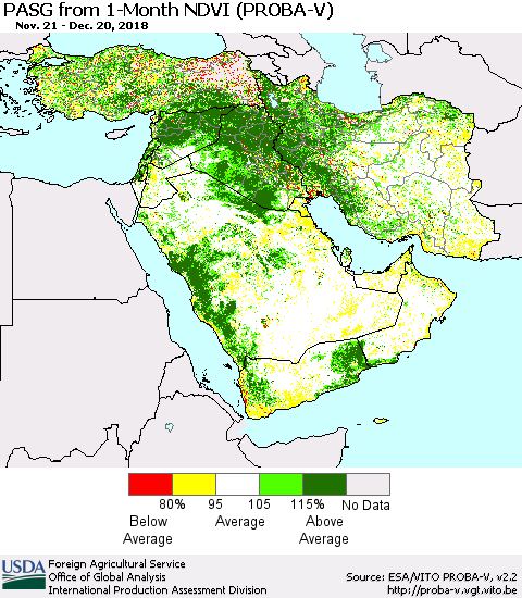 Middle East and Turkey PASG from 1-Month NDVI (PROBA-V) Thematic Map For 12/11/2018 - 12/20/2018