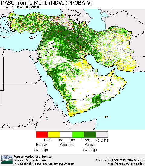 Middle East and Turkey PASG from 1-Month NDVI (PROBA-V) Thematic Map For 12/21/2018 - 12/31/2018