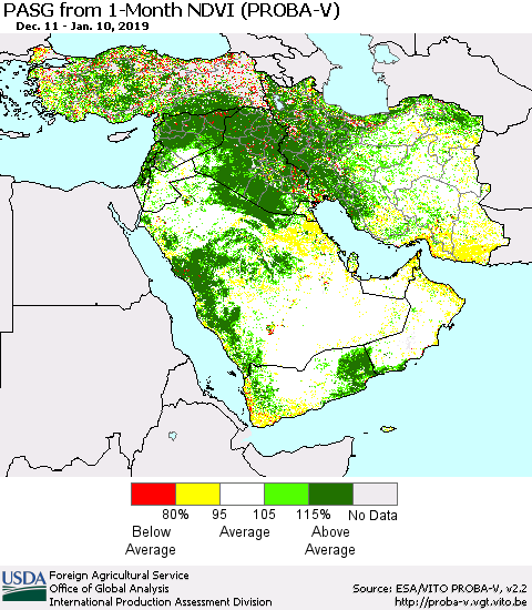 Middle East and Turkey PASG from 1-Month NDVI (PROBA-V) Thematic Map For 1/1/2019 - 1/10/2019