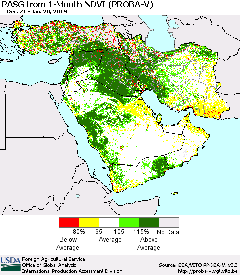 Middle East and Turkey PASG from 1-Month NDVI (PROBA-V) Thematic Map For 1/11/2019 - 1/20/2019
