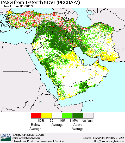 Middle East and Turkey PASG from 1-Month NDVI (PROBA-V) Thematic Map For 1/21/2019 - 1/31/2019