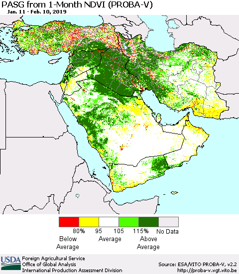Middle East and Turkey PASG from 1-Month NDVI (PROBA-V) Thematic Map For 2/1/2019 - 2/10/2019