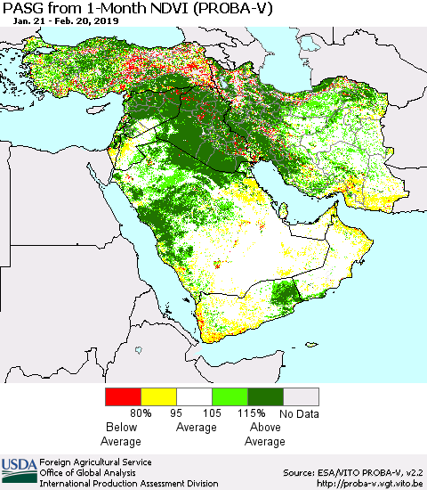 Middle East and Turkey PASG from 1-Month NDVI (PROBA-V) Thematic Map For 2/11/2019 - 2/20/2019