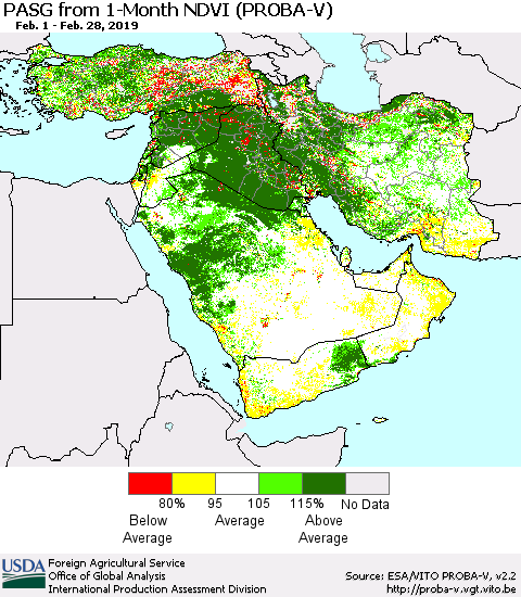 Middle East and Turkey PASG from 1-Month NDVI (PROBA-V) Thematic Map For 2/21/2019 - 2/28/2019