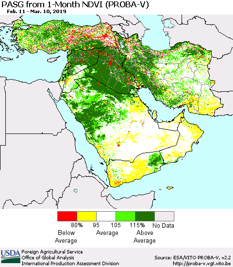 Middle East and Turkey PASG from 1-Month NDVI (PROBA-V) Thematic Map For 3/1/2019 - 3/10/2019
