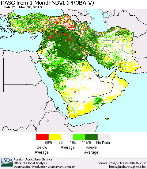 Middle East and Turkey PASG from 1-Month NDVI (PROBA-V) Thematic Map For 3/11/2019 - 3/20/2019