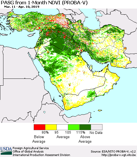 Middle East and Turkey PASG from 1-Month NDVI (PROBA-V) Thematic Map For 4/1/2019 - 4/10/2019