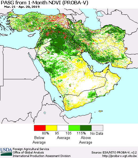 Middle East and Turkey PASG from 1-Month NDVI (PROBA-V) Thematic Map For 4/11/2019 - 4/20/2019