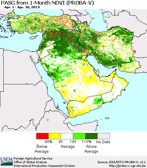 Middle East and Turkey PASG from 1-Month NDVI (PROBA-V) Thematic Map For 4/21/2019 - 4/30/2019
