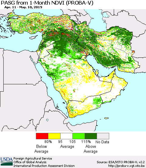 Middle East and Turkey PASG from 1-Month NDVI (PROBA-V) Thematic Map For 5/1/2019 - 5/10/2019