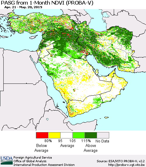 Middle East and Turkey PASG from 1-Month NDVI (PROBA-V) Thematic Map For 5/11/2019 - 5/20/2019