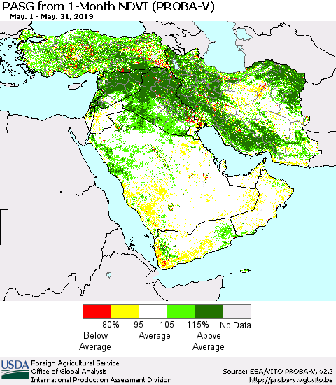 Middle East and Turkey PASG from 1-Month NDVI (PROBA-V) Thematic Map For 5/21/2019 - 5/31/2019