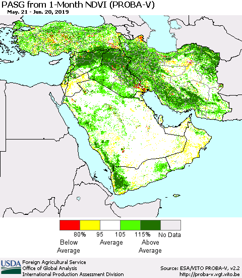 Middle East and Turkey PASG from 1-Month NDVI (PROBA-V) Thematic Map For 6/11/2019 - 6/20/2019
