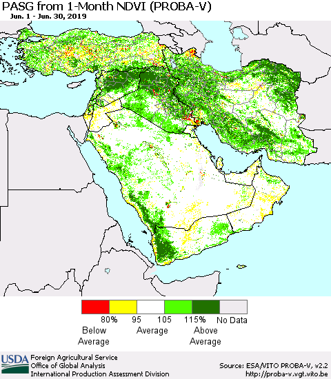 Middle East and Turkey PASG from 1-Month NDVI (PROBA-V) Thematic Map For 6/21/2019 - 6/30/2019