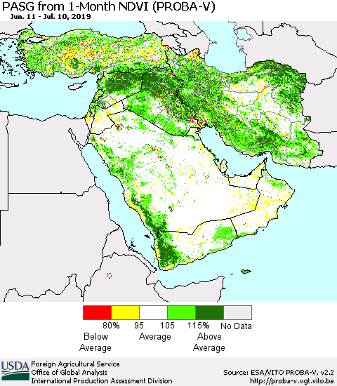Middle East and Turkey PASG from 1-Month NDVI (PROBA-V) Thematic Map For 7/1/2019 - 7/10/2019