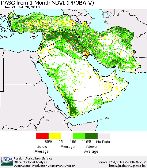 Middle East and Turkey PASG from 1-Month NDVI (PROBA-V) Thematic Map For 7/11/2019 - 7/20/2019