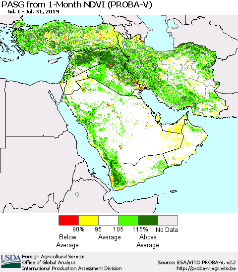 Middle East and Turkey PASG from 1-Month NDVI (PROBA-V) Thematic Map For 7/21/2019 - 7/31/2019